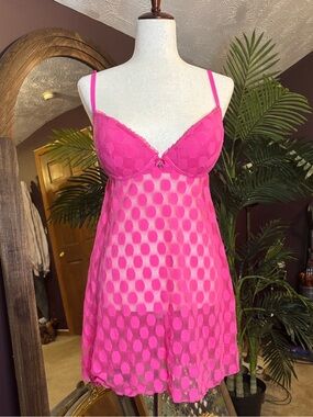Women's Hot Pink Mesh Polka-Dot Chemise